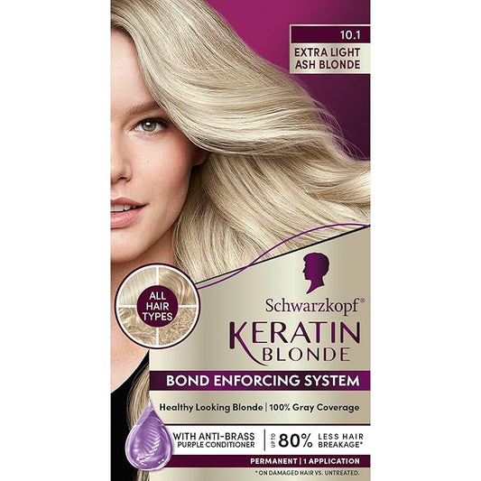 Schwarzkopf Keratin Color Permanent Hair Color, 10.1 Extra Light Ash Blonde, 1 Application-Salon Inspired Permanent Hair Dye, for up to 80% Less Breakage vs Untreated Hair and up to 100% Gray Coverage