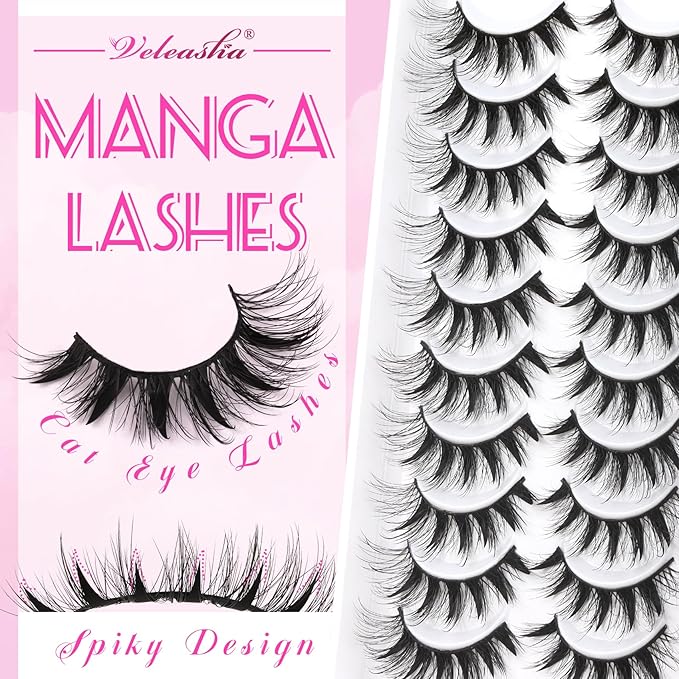 Veleasha Manga Lashes Wispy Eyelashes 7-15MM C Curl Cat Eye Lashes with Soft Black Cotton Band Anime Spiky Eyelashes Crisscross False Eyelash 10 Pairs Pack (Spiky04)
