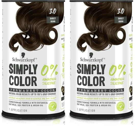 Schwarzkopf Simply Color Permanent Hair Color, Darkest Brown | 3.0 Shade | Pack of 2