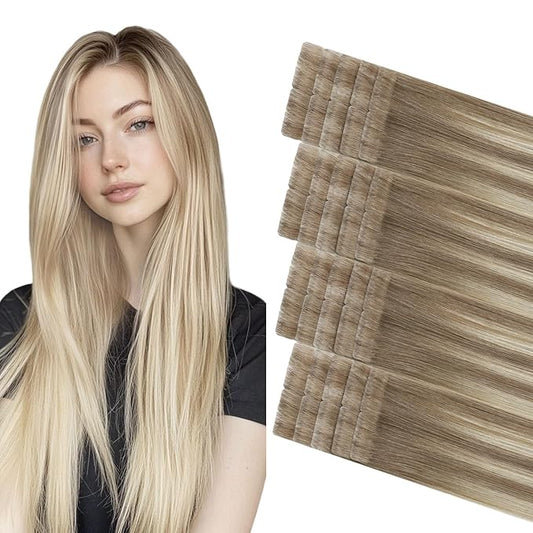 COOKAYU Invisi Edge Tape in Hair Extensions Human Hair, Ash Brown to Platinum Blonde 14Inch 20pcs 30g Straight Invisible Injected Tape in extensions