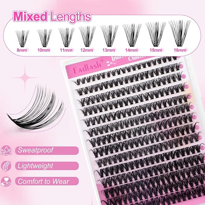 FADLASH Lash Clusters Kit Individual Eyelash Clusters D Curl 40D 8-16mm Eyelash Extension Kit 280Pcs Lash Extensions with Lash Bond and Seal Lash Tweezer for Self Application (40D-0.07D-8-16mm KIT)