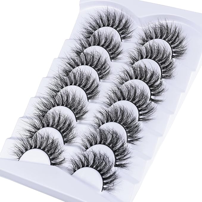 False Lashes Fake Eyelashes Cat Eye Lashes Faux Mink Lashes Natural Look 8D Fluffy Wispy Lashes That Look Like Extensions Pestañas Postizas D Curl Lash Strips 7 Pairs Pack