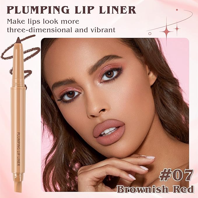 Matte Lip Liner, Plump Lipliner Pencil Crayon，Creamy Matte Finish with Silicone Smudger For Women, High-Pigment Smooth Formula for Sculpting &Contours Lip，Longwear，Lips Makeup，07#Brownish Red