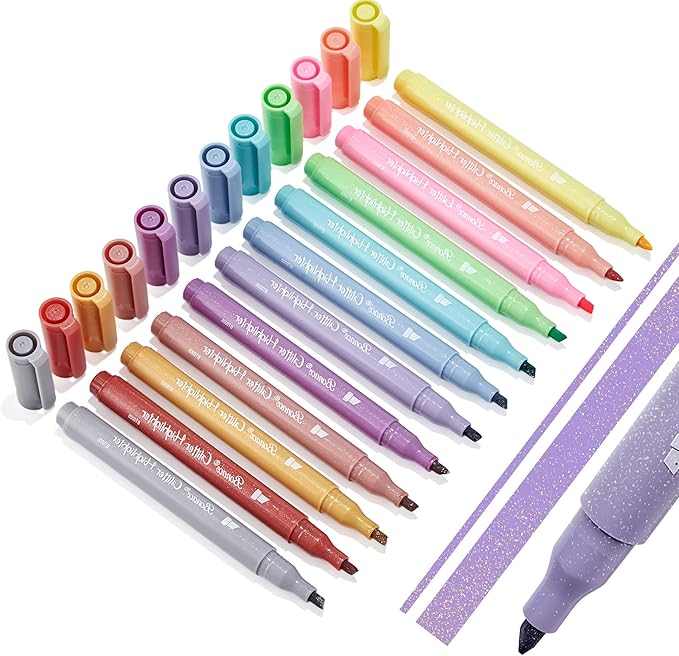 Silver Glitter Highlighters- Chisel Tip, No Bleed, Assorted Colors - 12 Pack Metallic Colors Cute Highlighter Markers, Pastel Bible Highlighters for Journaling and School Supplies for Girls