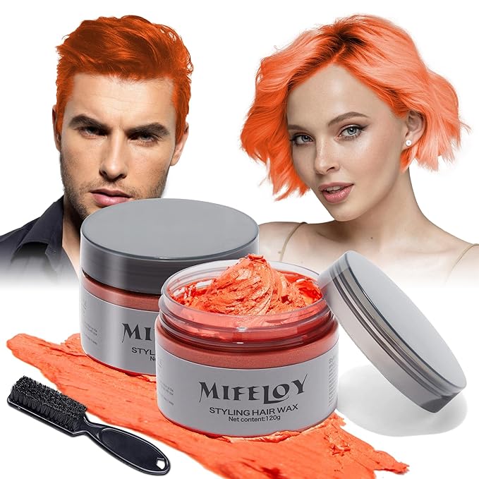 2 Pack Temporary Orange Hair Spray Color Wax with 1 Dye Brush, Instant Natural Hairstyle Cream 4.23 oz, Disposable Coloring Mud for Men Women, Washable Styling Pomades, Party Cosplay DIY Halloween