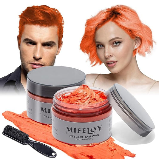 2 Pack Temporary Orange Hair Spray Color Wax with 1 Dye Brush, Instant Natural Hairstyle Cream 4.23 oz, Disposable Coloring Mud for Men Women, Washable Styling Pomades, Party Cosplay DIY Halloween