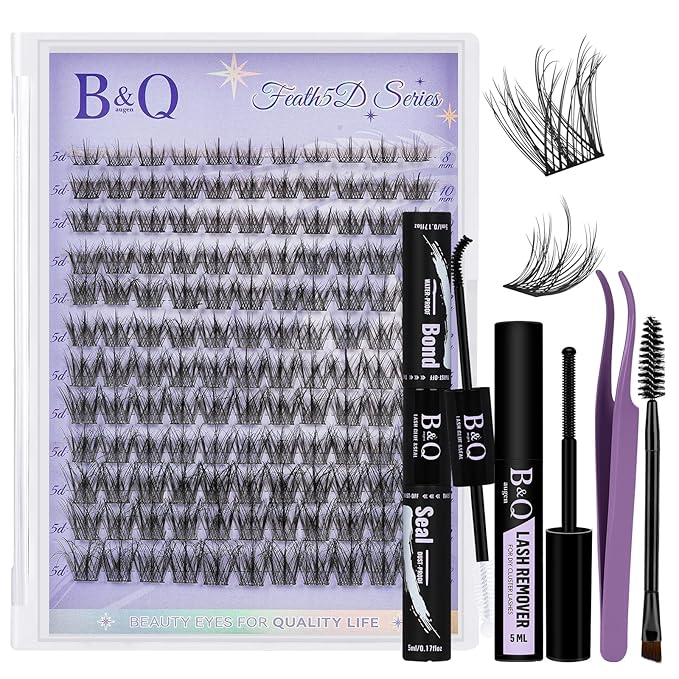 B&Q Lash Clusters Kit 132 pcs 5D Layered Volume Lash Extension Kit 8-18 mm Feathery Soft Lightweight Eyelash Clusters with Waterproof Bond and Seal Eyelash Applicator Remover (Set-Feath5D 07)