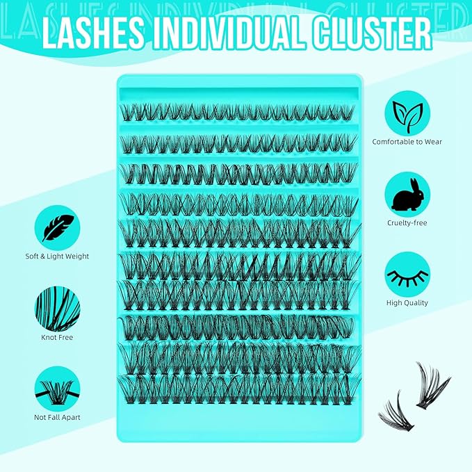Lash Clusters 200pcs, Eyelash Extension Kit 40D D Curl Diy Cluster Eyelashes Extensions Lash Bond and Remover Waterproof Lash Applicator Tools for 8-18mm Mix Lashes Beginner Self Use