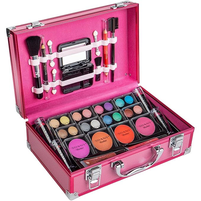 SHANY Carry All Make up Train Case with Pro Makeup Set, Beauty Brushes, Lipsticks, Eye Shadows, Blushes, Powders, and more - Reusable Cosmetics Storage Organizer - Premium Gift Packaging - Pink