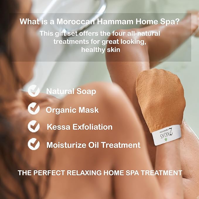 Moroccan Hammam Spa Rejuvinating Ritual Beauty Skincare Kit - 6 piece, Moroccan Rose Blossom Black Soap, Body Clay, Argan Oil, Pure & Natural, Purifying, Cleansing, exfoliating for every skin type