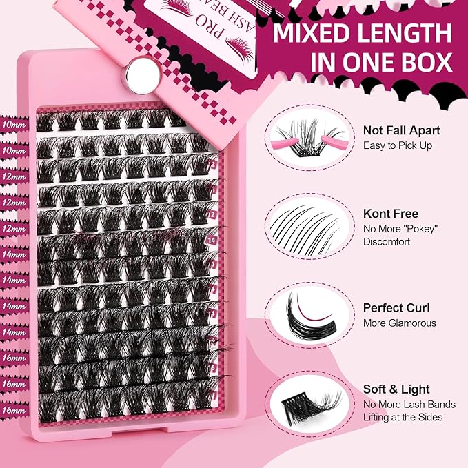 Lash Clusters, 96Pcs Cluster Lashes Rotary Mirror Case Individual Lashes DIY Lash Extension Eyelash Clusters 10-16 Mix Fluffy Wispy Lashes Thin Band Not Fall Apart(Volume 02, C-10-16mix)