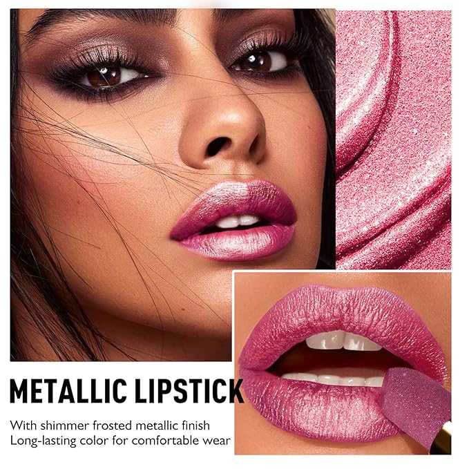 Rose Shimmer Metallic Lipstick for Women, Glitter Lip Stick Long Lasting Waterproof Moisturizing Lightweight Full Coverage Lip Makeup, High Shine Non-Sticky Pearl Shiny Cream Lipstick Balm, 04
