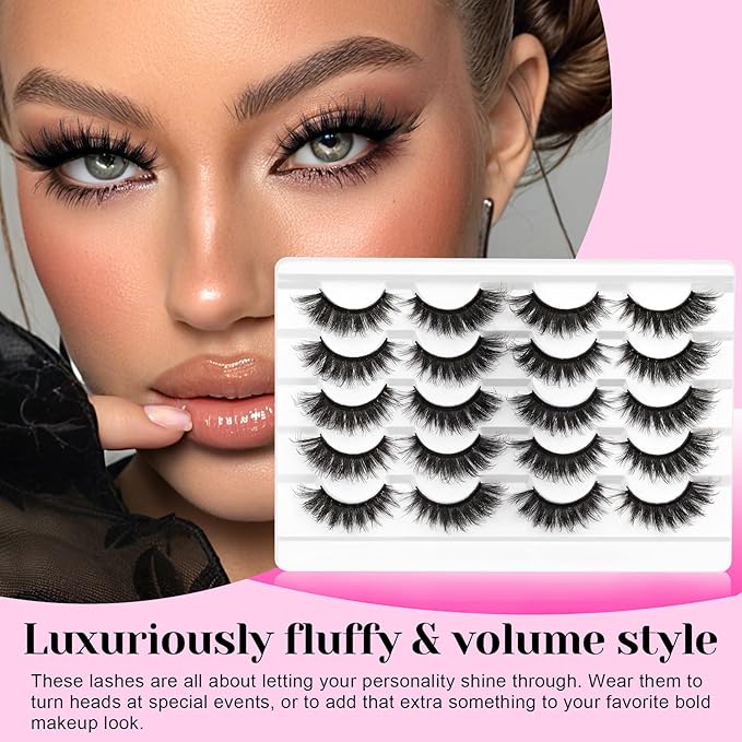 Veleasha Lashes Fluffy Eyelashes 5D Volume Cat Eye Lashes Soft False Eyelashes Handmade Fake Lashes 10 Pairs Pack Luxury Fake Eyelashes Dramatic Strip Lashes Wispy Look Like Extensions (D15)