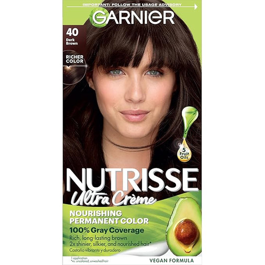 Garnier Hair Color Nutrisse Nourishing Creme, 40 Dark Brown (Dark Chocolate) Permanent Hair Dye, 1 Count (Packaging May Vary)