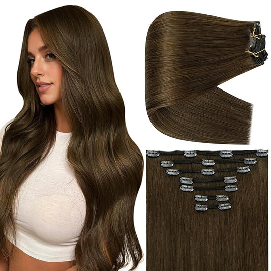Full Shine Golden Brown Hair Extensions 18 Inch Golden Brown Clip in Extensions Clip in Hair Extensions Remy Human Hair 7 Pcs 135 G