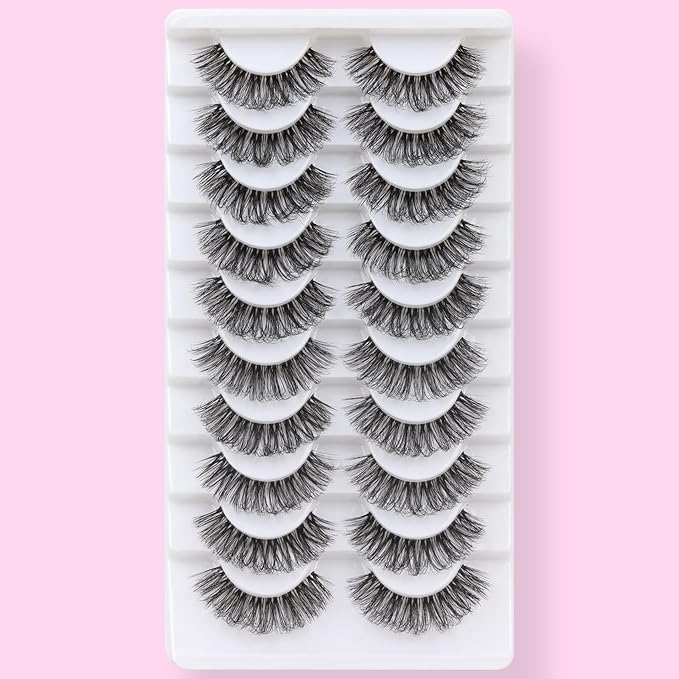 Veleasha Russian Strip Lashes with Clear Band Looks Like Eyelash Extensions D Curl Lash Strips 10 Pairs Pack (DT04)