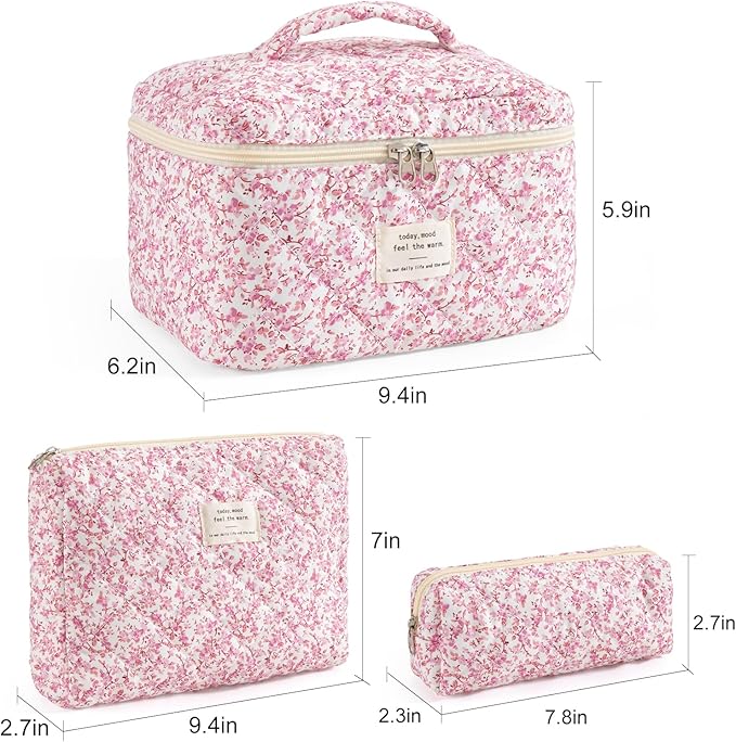 Makeup Bag for Women 3PCS Quilted Cotton Make Up Bag Travel Cosmetic Bag Large Makeup Bag Set Cute Makeups Organizer Floral Toiletry Pouch for Purse, Blush Bloom