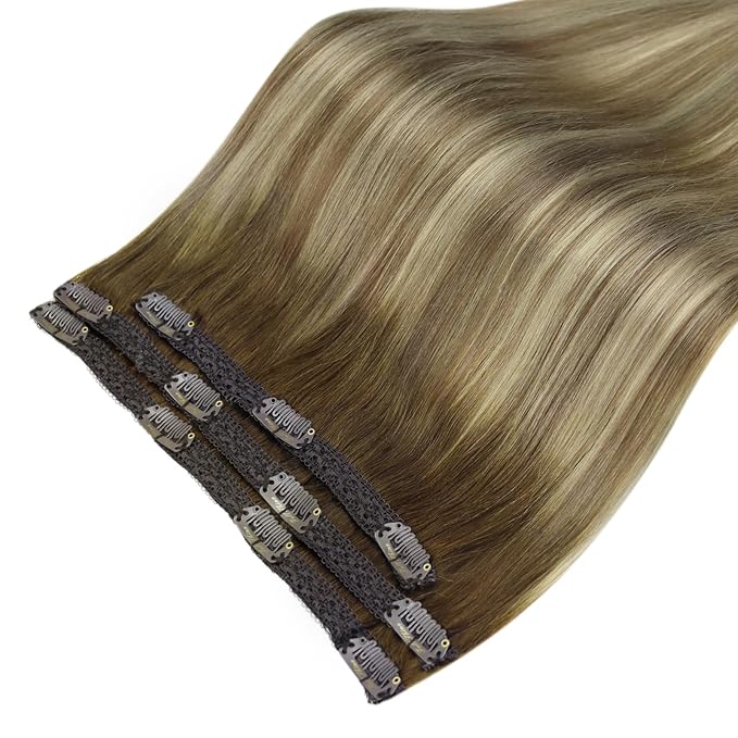 Full Shine Balayage Clip in Hair Extensions 60 G 3 Pcs Brown Ombre Ash Brown Mix Blonde Real Hair Extensions Clip in Human Hair Straight Remy Hairpiece for Women 20 Inch