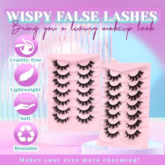 Losha Lashes Wispy False Eyelashes Fluffy Cat Eye Lashes 7 Pairs C Curl Lashes Strips Wet Look 10-17mm Fake Eyelashes with Lash Spikes (FC01)