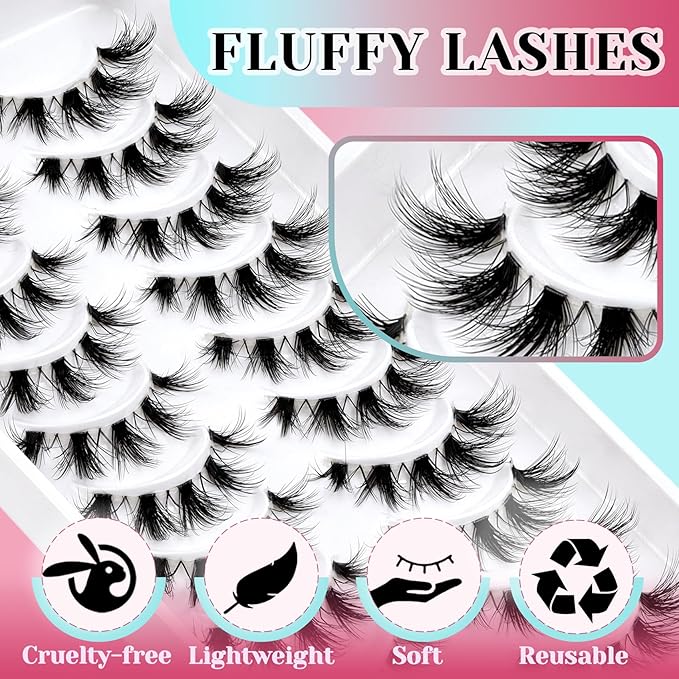 Losha Lashes Wispy Cat Eye Lashes 10 Pairs Natural False Eyelashes with Clear Band 7-15mm Fake Lashes C Curl Lash Strips Lightweight with Soft Design (FT03)