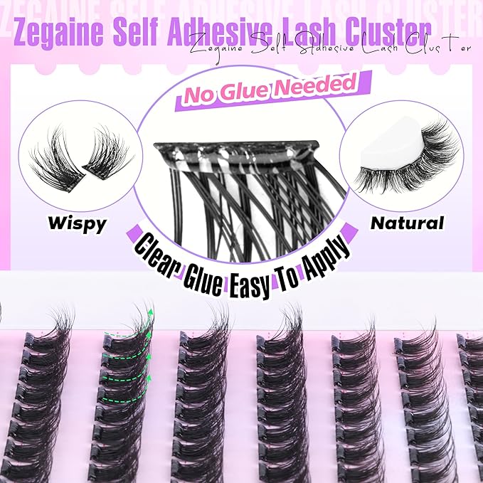 Zegaine Self Adhesive Eyelashes Natural Self Adhesive Lash Clusters Wispy Pre Glued Eyelash Clusters Clear Band C-Curly Pestañas Postizas Naturales Wispy Glueless Lashes No Glue Needed 10-14MM