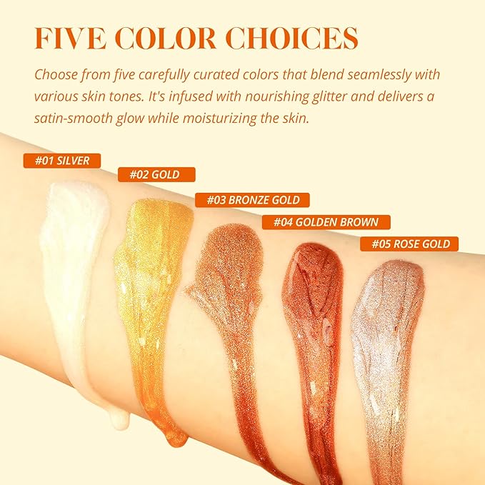 Liyalan Shimmer Body Oil 5 Color Options 1.0 fl.oz Face Glow Pearl Highlighter Illuminator Long-Lasting Shine Glitter Liquid Tanning with Makeup Brush Included (#03 Bronze Gold)