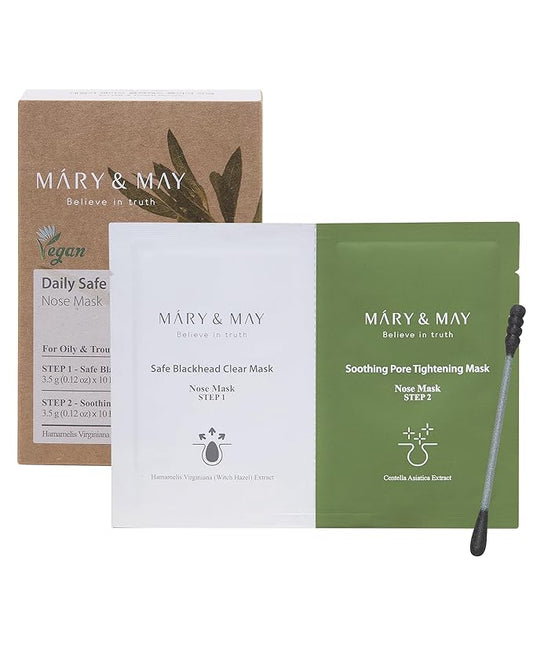 Mary&May Daily Safe Blackhead Clear Nose Mask - 2-Step Deep Pore Cleansing, Soothing and Tightening - Instant Pore Unclogging Nose Strips - Oil Free, Non Comedogenic Use 10 Pack