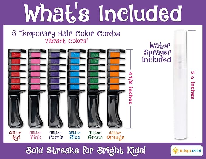 Bright Seed Hair Chalk For Girls Washable, Temporary Hair Color, Paint & Dye for Kids, Makeup Kit of 6 colors, Great Toy & Birthday Gifts for Kids Age 5 6 7 8 9 10 11 12 13, Craft for Tween & Teen