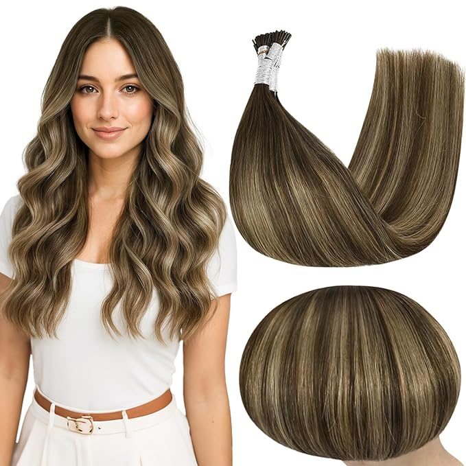 Full Shine I Tip Hair Extensions Human Hair 16 Inch 40 Grams Color 4/24/4 Middle Brown Ombre to Honey Blonde Fusion Hair Extensions Straight Remy Hair for Women