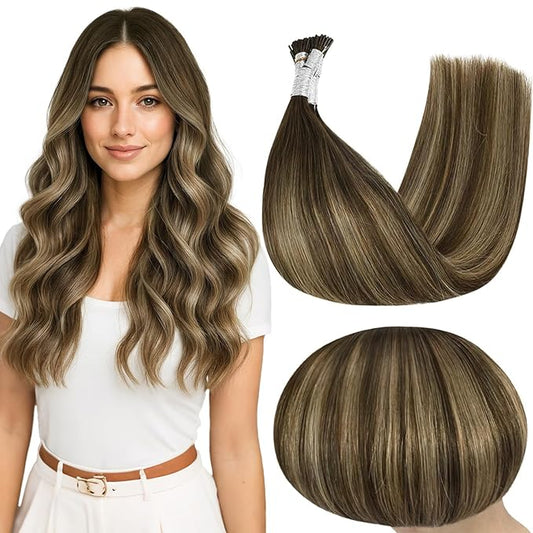 Full Shine I Tip Hair Extensions Human Hair 22 Inch 50 Grams Medium Brown to Honey Blonde and Brown Itip Human Hair Extensions Long Straight Human Hair Fusion Extensions