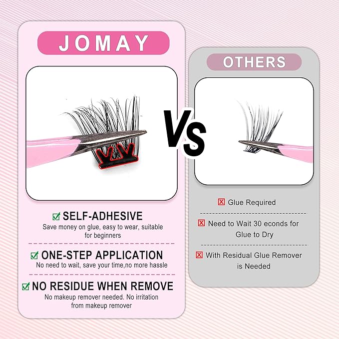 JoMay Self Adhesive Eyelashes, Press on Lashes No Glue Needed, Glueless Lashes Pre-Glued Natural Cluster Extension Kit D Curl For Beginners, No Sticky Residue 1 Step DIY 48PCS 10-16mm X01