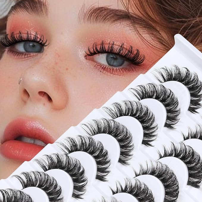 Veleasha Lashes Fluffy False Eyelashes with Clear Band Volume Eyelashes Looks Like Lash Extensions CC Curl Soft Fake Lashes Strips Lashes 10 Pairs Pack (P32E-T)