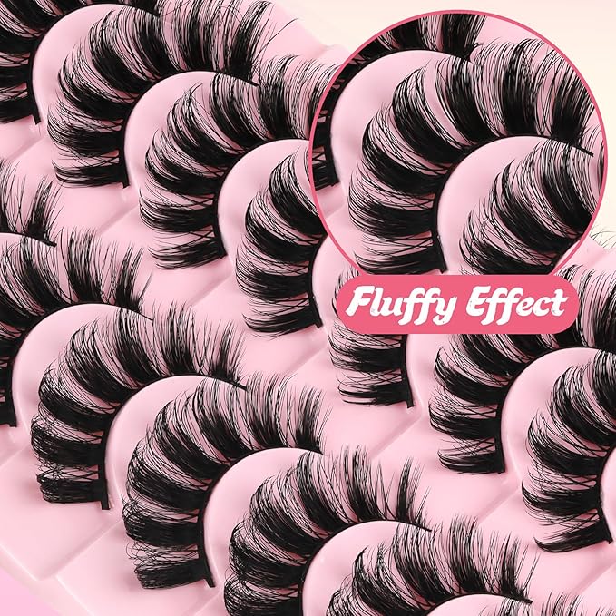 Ahrikiss Lashes Russian Strip Lashes That Look Like Extensions D Curl Fluffy False Eyelashes 10 Pairs 3D Volume Fake Lashes Wispy Faux Mink Lashes Natural Look (D19)