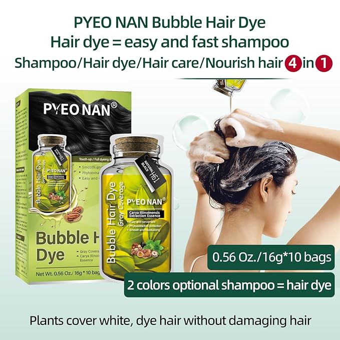 Unisex Bubble Hair Dye with Natural Plant Extracts, 2-in-1 for Gray Coverage and Hair Care, Gray Hair Turns into Black or Dark Brown with Herbal Ingredients (Natural Black, 1 Box (10 bags))
