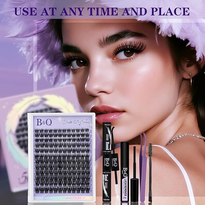 B&Q Lash Clusters Kit 144 pcs 5D Layered Volume Lash Extension Kit 8-18 mm Feathery Soft Lightweight Eyelash Clusters with Waterproof Bond and Seal Eyelash Applicator Remover (Set-Feath5D 02)