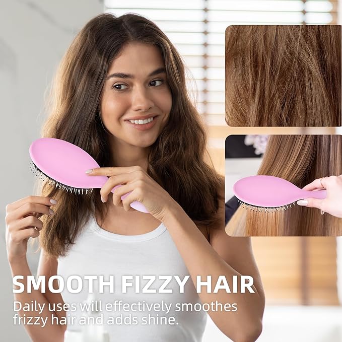 Boar Bristles Hair Brush for Women and Men, Detangling Hair Brush for Smoothing Massage Add Shine, Nylon&Boar Bristles Detangler brush for Hair Healthy (Pink&White)