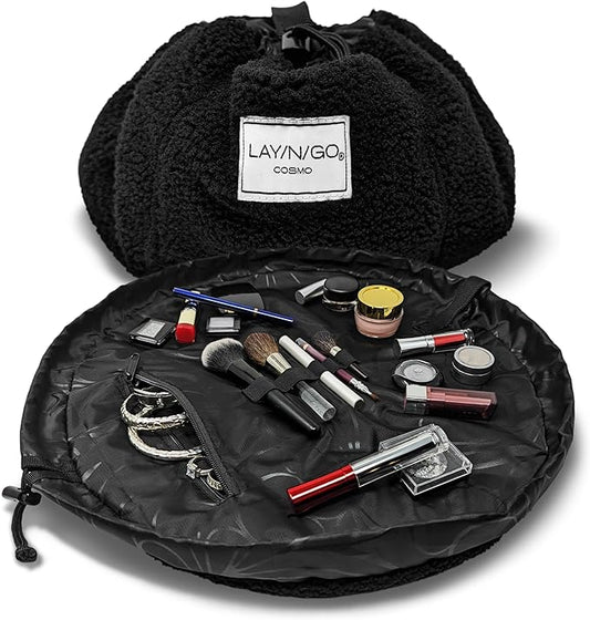 Lay-n-Go Cosmo Drawstring Cosmetic & Makeup Bag Organizer - Portable Drawstring Makeup Bag w/Zipper Pocket, Makeup Loops & More - Durable, Machine Washable Toiletry Bag (20", Comfort/Black Sherpa)
