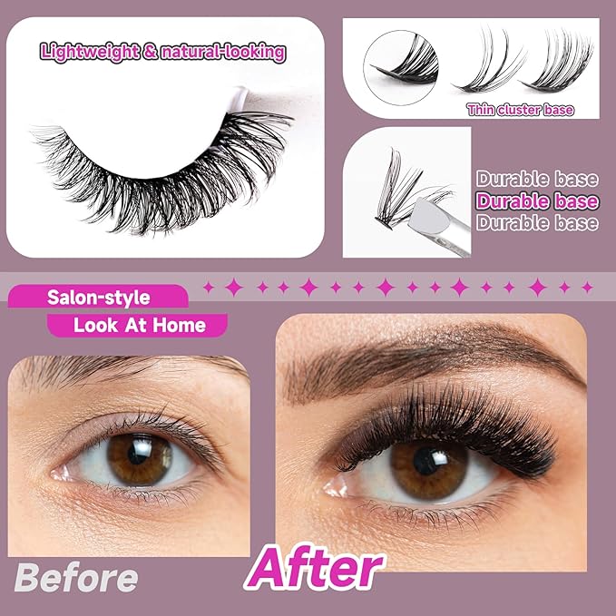 Individual Lashes with bond and seal Lash Remover DIY Lash Extension Kit 320 Pcs Cluster Lashes 10-16mm Natural Light C/D False Eyelashes for Beginner Makeup at Home (20D+50D）