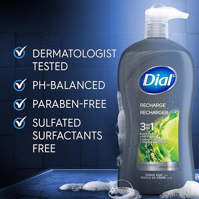 Dial Men 3 in 1 Body, Hair and Face Wash, Recharge, 32 Fl Oz, Cedar Leaf Scent, Cleanses Deep + Gentle on Skin with Clean Rinse Technology