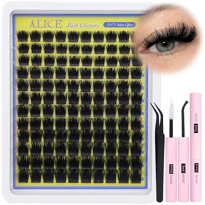 ALICE Lash Clusters Kit - 200D Russian Thick Eyelash Clusters Kit (Wispy & Spiky) - Lash Extension Kit with Lash Bond and Seal, Tweezers, Reusable Eyelash Clusters for Dramatic Volume Makeup