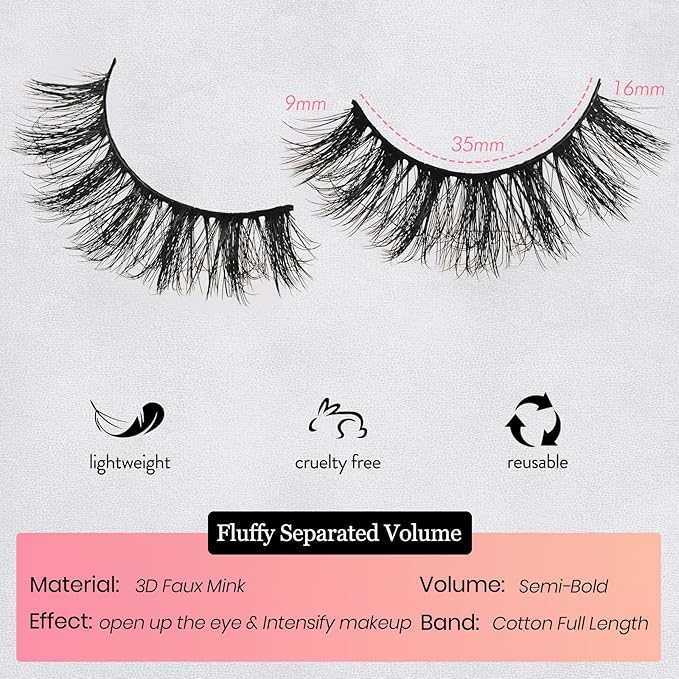Lashes Fluffy Wispy Eyelashes 14 Pairs Separated Volume Lash Pack 9-16mm Spiky Strip Eyelash Natural Fake Mink Lashes Semi-Bold Reusable False Eyelashes Strips for Open-Eye & Cat-Eye Looks