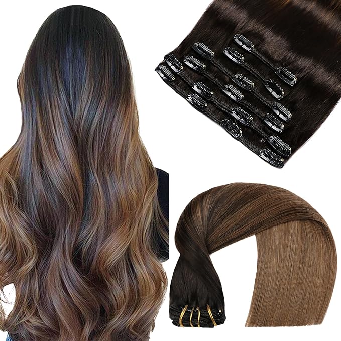 VINBAO Clip in Real Human Hair Extensions Ombre Color 1B Natural Black Fading to 4 Middle Brown 20 inch 120 Gram 6 Pcs Clip in Remy Hair Extensions for Women Full Head Thick End (#1BT4,20'')