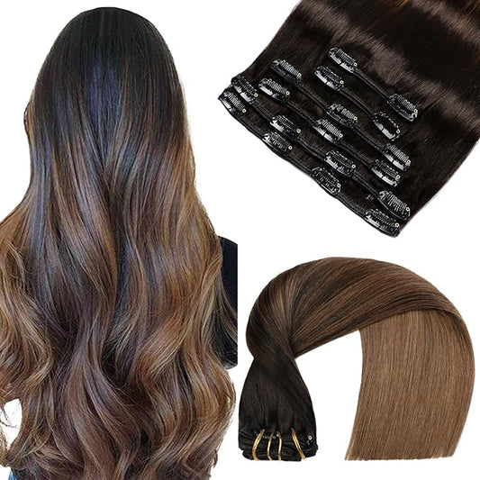 VINBAO Clip in Hair Extensions Real Human Hair Color 1B Off Black Fading to 4 Middle Brown Full Head Thick End Long Straight Clip in Hair Extensions for Women 18 inch 120 Gram 6Pcs (#1BT4,18'')