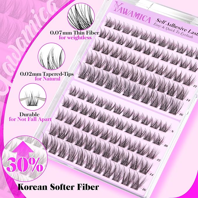 Yawamica Self Adhesive Eyelashes Wispy Lash Clusters No Glue Needed DIY Lash Extension 8-16mm Pre-Glued Eyelash Clusters Reusable Press on Lashes Natural C Curl Individual Lashes DIY Lash for Beginner
