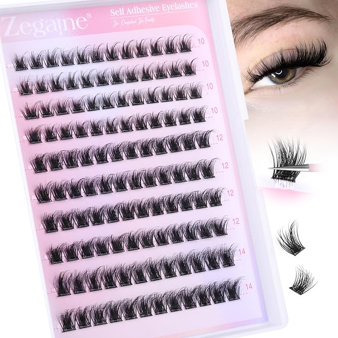 Zegaine Self Adhesive Eyelashes Natural Self Adhesive Lash Clusters Wispy Pre Glued Eyelash Clusters Clear Band C-Curly Pestañas Postizas Naturales Wispy Glueless Lashes No Glue Needed 10-14MM