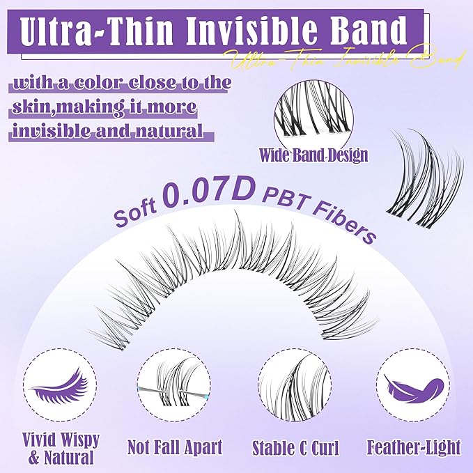 Clear Band Lash Clusters Kit Natural Wispy Lash Extensions Kit 10-14mm DIY Eyelash Extension Kit C-Curly Individual Lashes Kit with Lash Glue Lash Remover Self Application at Home by ALICE