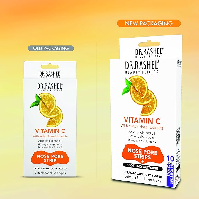 DR.RASHEL Vitamin C Nose Pore Strips For Pore Cleansing, Instant And Painless Blackheads Removal | Deep Purifying Blackhead Remover Strips for Nose | 20 PCS (10 Strips & 10 Wipes)