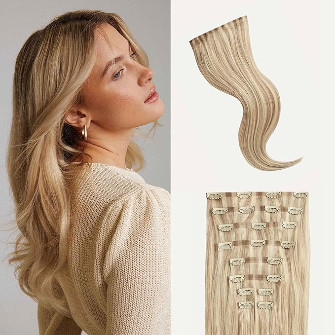 Luxy 100% Remy Human Hair - Seamless Clip-In Hair Extensions - Multi-Dimensional Color for Natural Blending, Adds Volume & Length 180 grams 20" Dimensional Beige Blonde