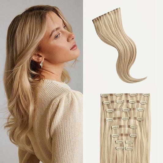 Luxy 100% Remy Human Hair - Seamless Clip-In Hair Extensions - Multi-Dimensional Color for Natural Blending, Adds Volume & Length 180 grams 20" Dimensional Beige Blonde