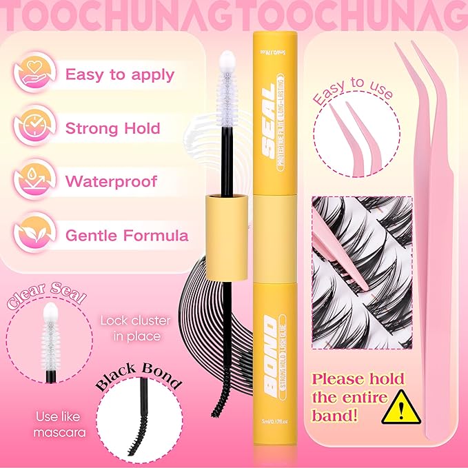 TOOCHUNAG Natural Lash Clusters Kit Wispy Lash Extensions Kit Venus 8-14mm Cluster Eyelash Extensions Invisible Band Lashes Clusters 120PCS C-Curly Eyelash Extensions Kit with Bond,Seal and Tweezers